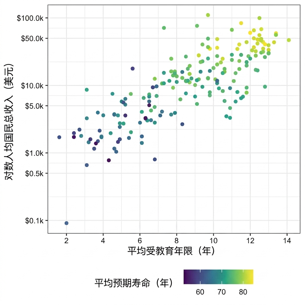 学龄年限与GNI（对数刻度）的散点图，颜色表示预期寿命