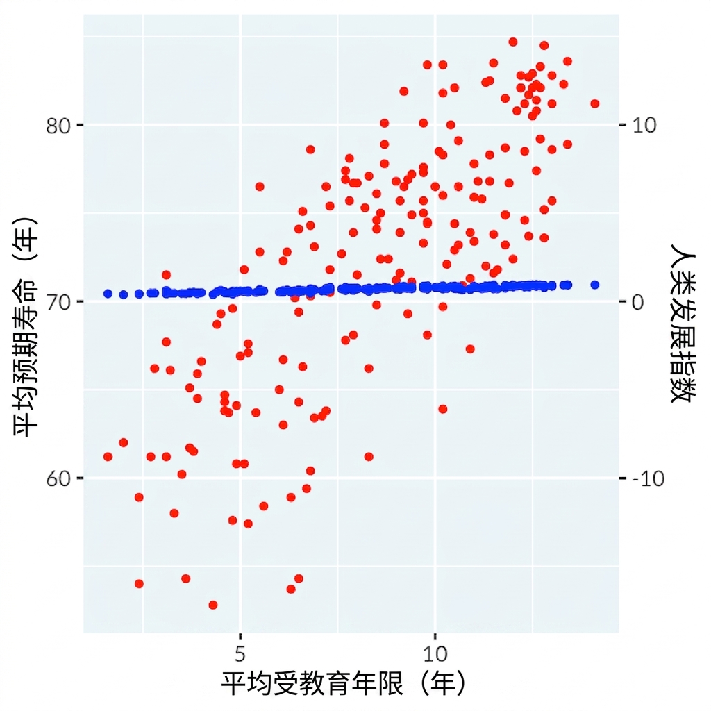 学龄年限与双坐标轴（预期寿命与人类发展指数）的散点图，调整坐标后相关性很弱