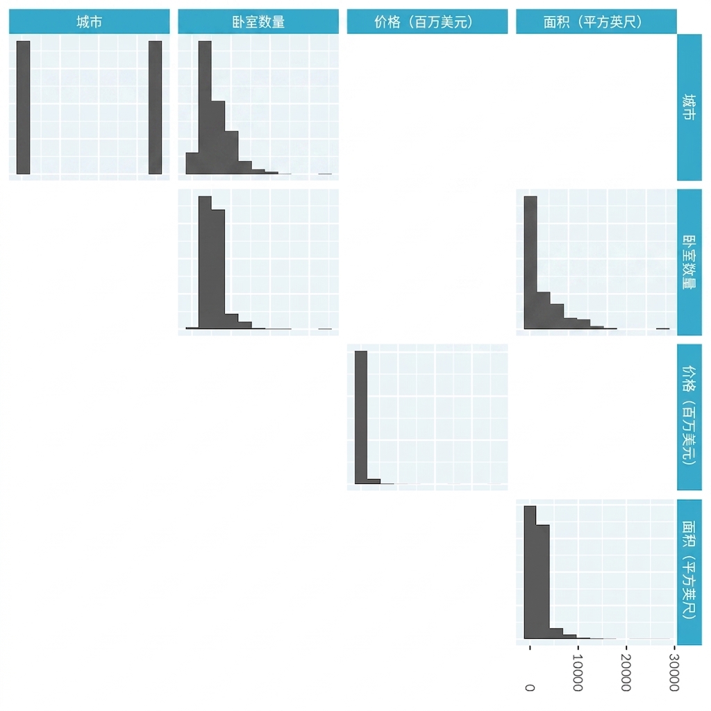 洛杉矶房价的成对图，仅显示连续变量的分布