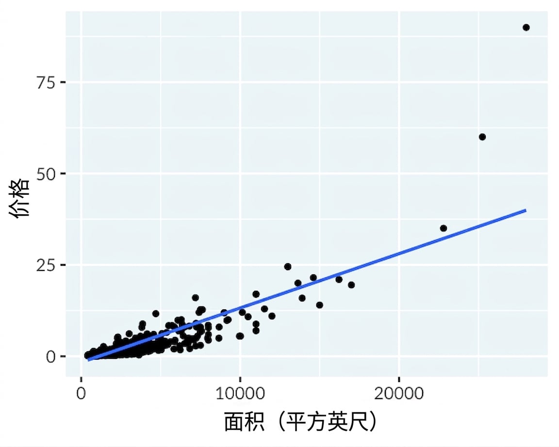 洛杉矶房价与面积的散点图,x轴和y轴为线性刻度。添加了线性趋势线,拟合较差。