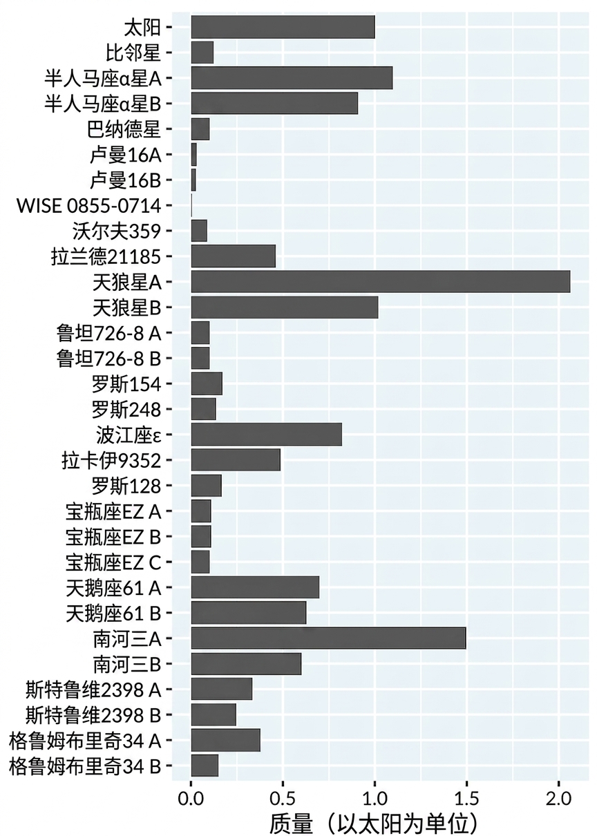 相对于太阳的附近恒星质量条形图。恒星按距离由近到远排序。