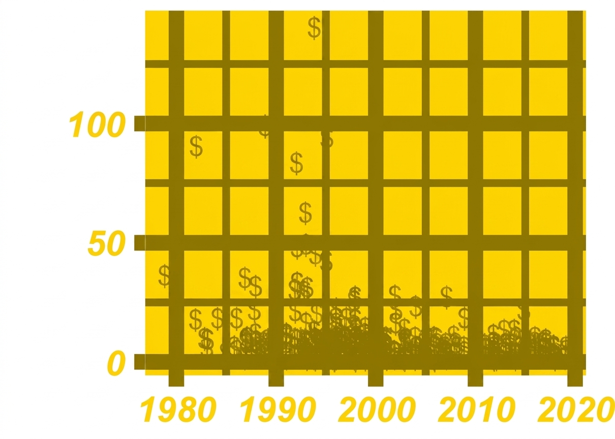 A scatter plot of critically acclaimed hip-hop songs over time, with added bling, such as a gold background and dollar signs instead of points.