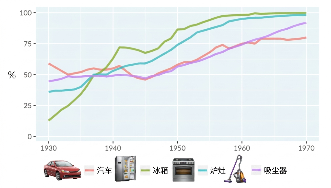 A line plot of technology adoption by households in the United States. The x-axis runs from 1930 to 1970, and the y-axis runs from 0 to 100 percent. There are four lines representing adoption of automobiles, refrigerators, stoves, and vacuums.
