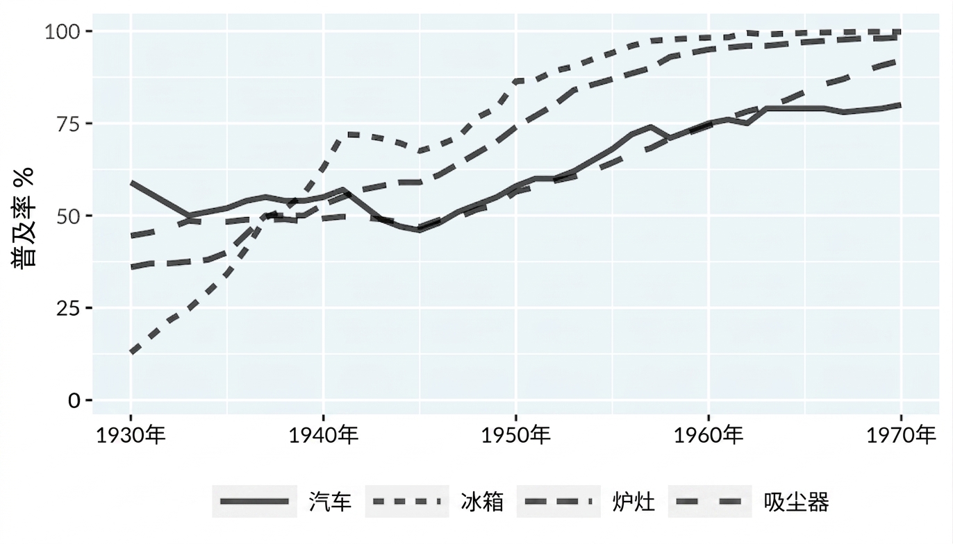 折线图：用线型区分技术类型的技术采纳