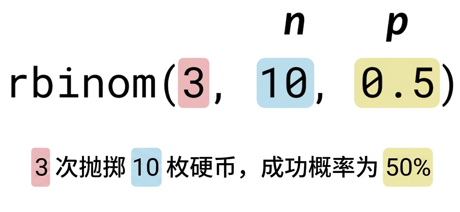 rbinom(3, 10, 0.5)，3 为红色，10 为蓝色，0.5 为黄色。文字：3（红）次翻 10（蓝）枚硬币，成功概率 50%（黄）。10 上方标 n，0.5 上方标 p。