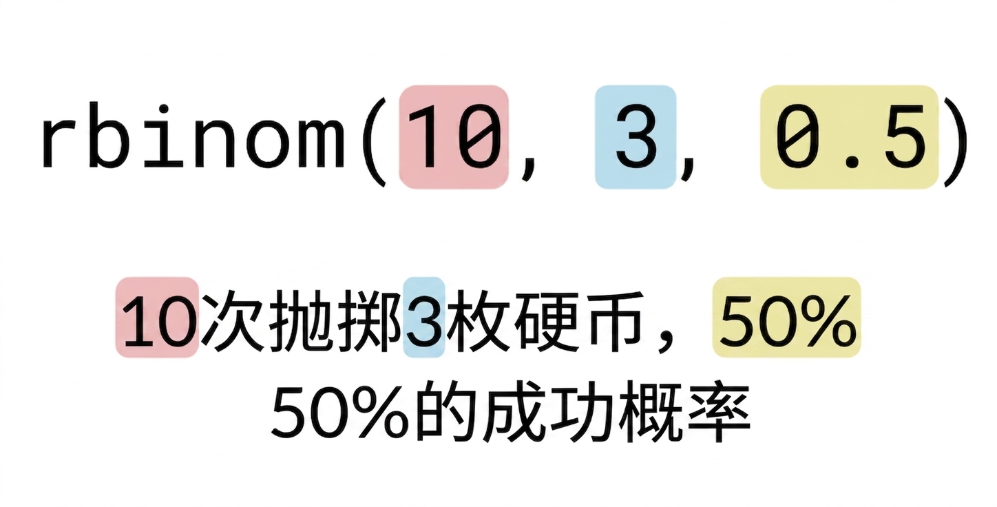 rbinom(10, 3, 0.5)，10 为红色，3 为蓝色，0.5 为黄色。文字：10（红）次，每次翻 3（蓝）枚硬币，成功概率 50%（黄）
