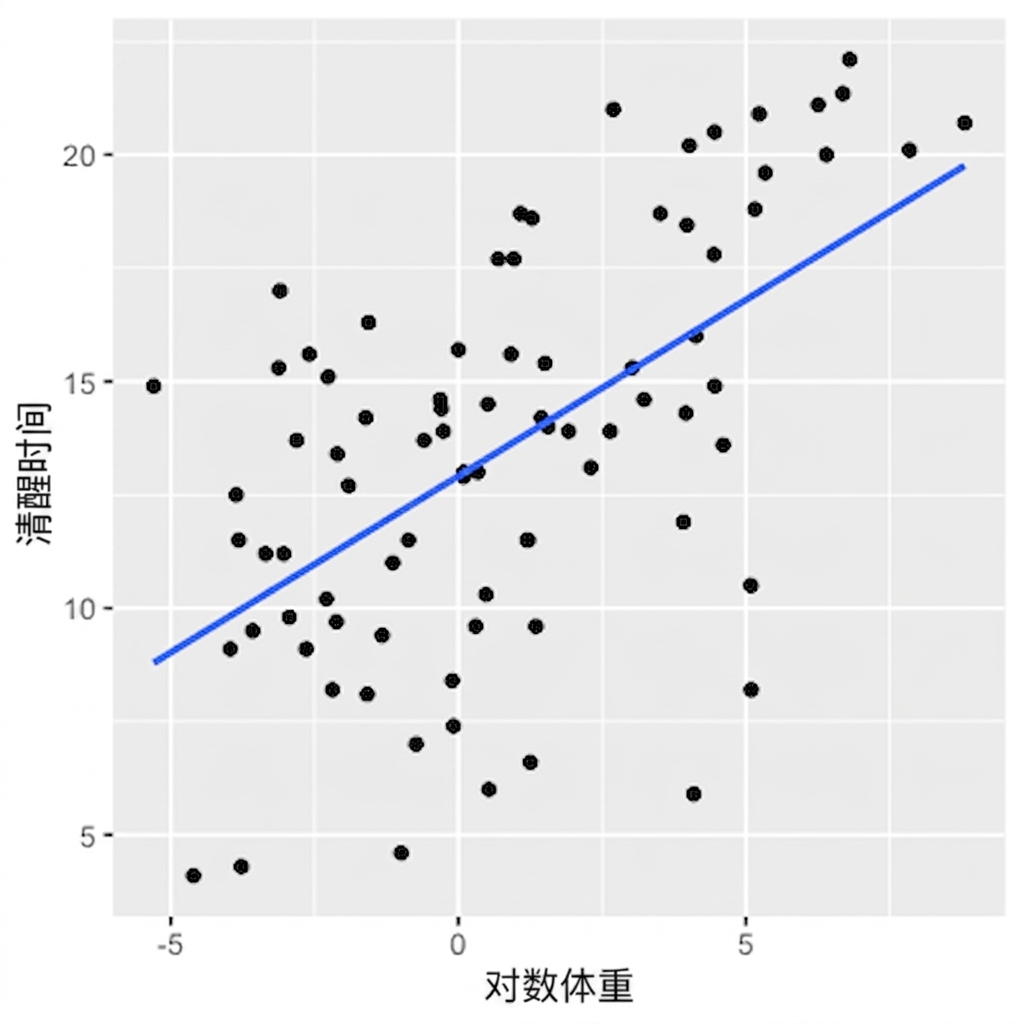 log 体重 vs 清醒时间的散点图