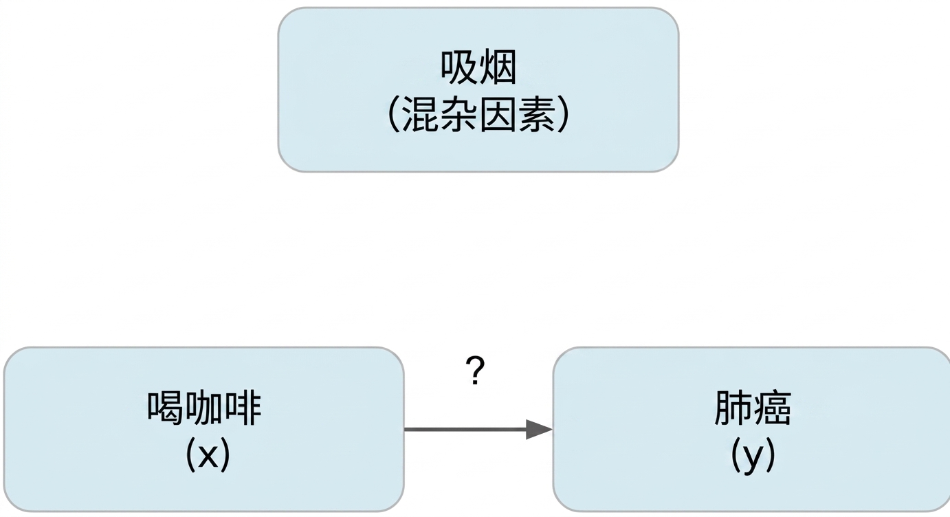 咖啡饮用（x）指向肺癌（y），上方有吸烟（混杂）