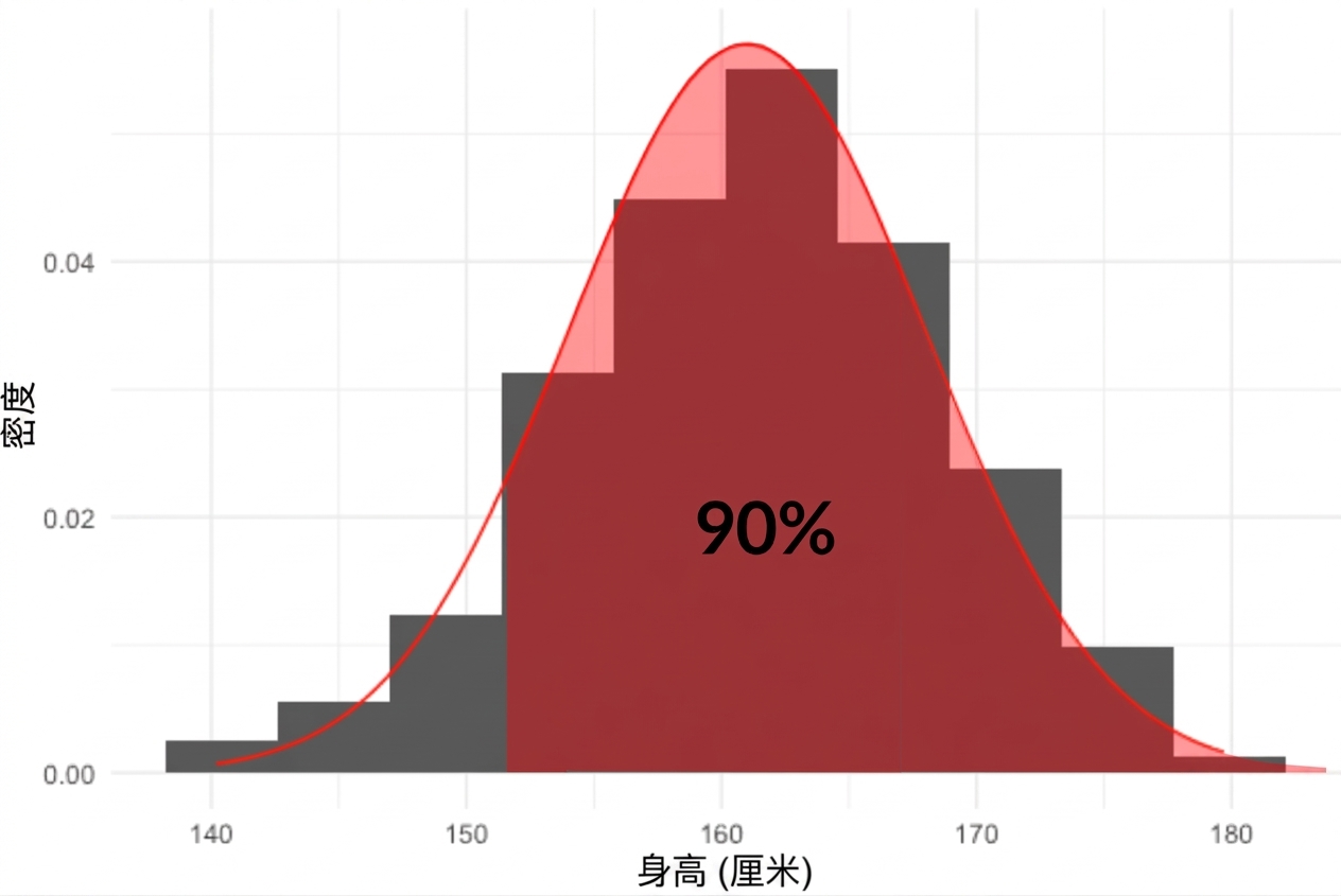 大约162右侧的面积阴影，标注90%