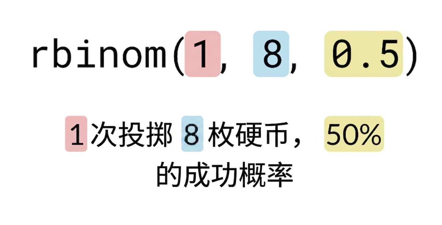 rbinom(1, 8, 0.5)，1 为红色，8 为蓝色，0.5 为黄色。文字：1（红）次翻 8（蓝）枚硬币，成功概率 50%（黄）