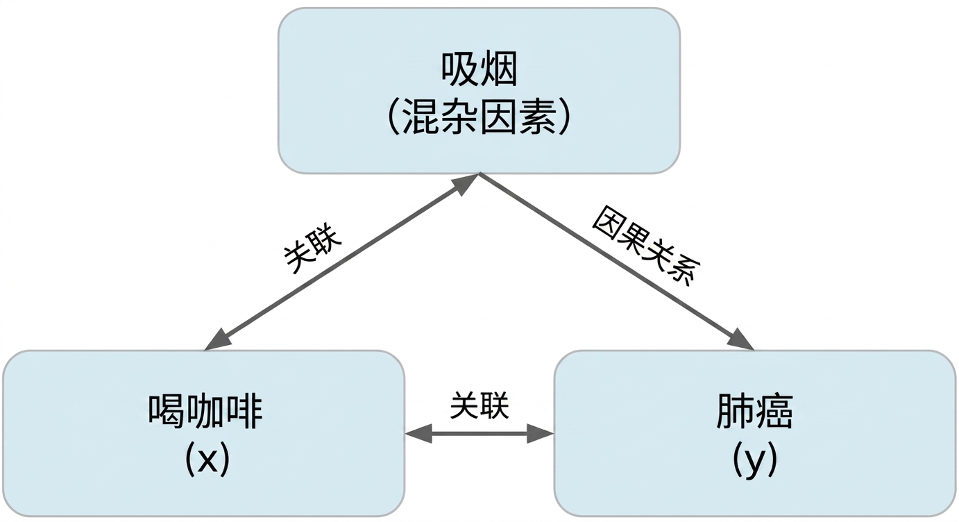 咖啡饮用（x）与肺癌（y）为"双向箭头"标注"关联"。吸烟与咖啡饮用为"双向箭头"标注"关联"。吸烟到肺癌为"单向箭头"标注"因果"。