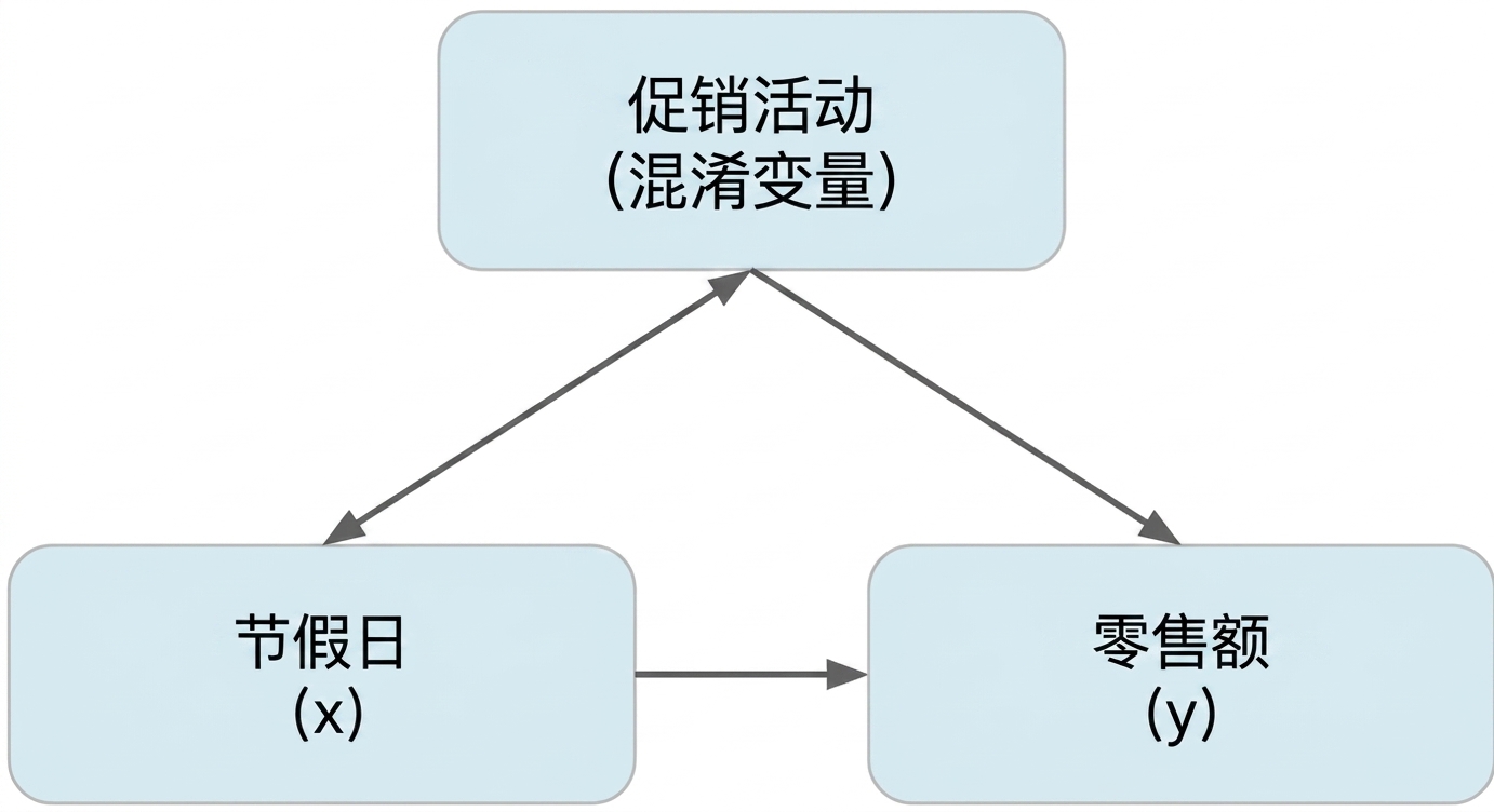 假日（x）指向零售额（y）。特价（混杂）与假日为双向箭头，与零售额为单向箭头。