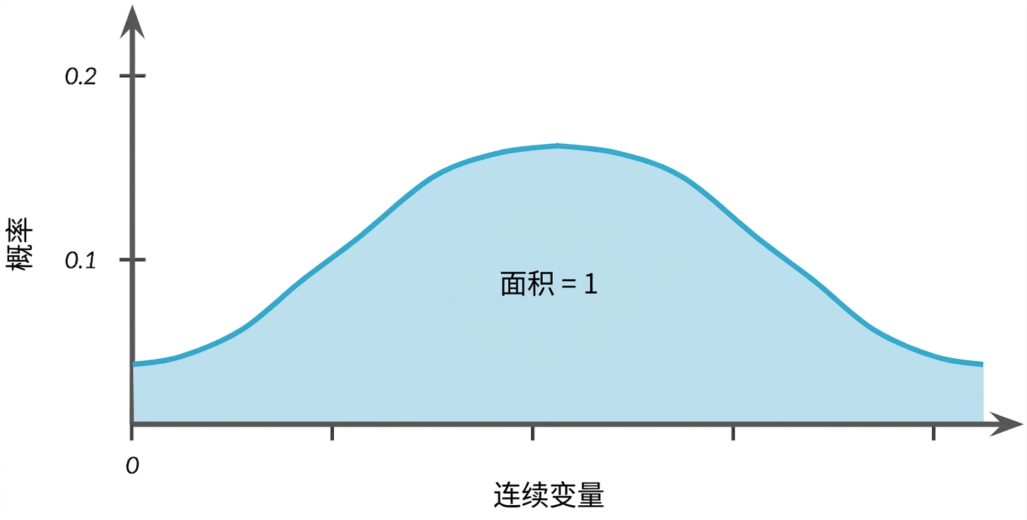 钟形曲线下高亮区域,文字:area = 1