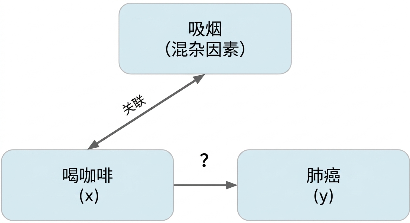 咖啡饮用（x）指向肺癌（y），吸烟（混杂）在两者之间。吸烟与咖啡饮用之间为"双向箭头"，标注"关联"。