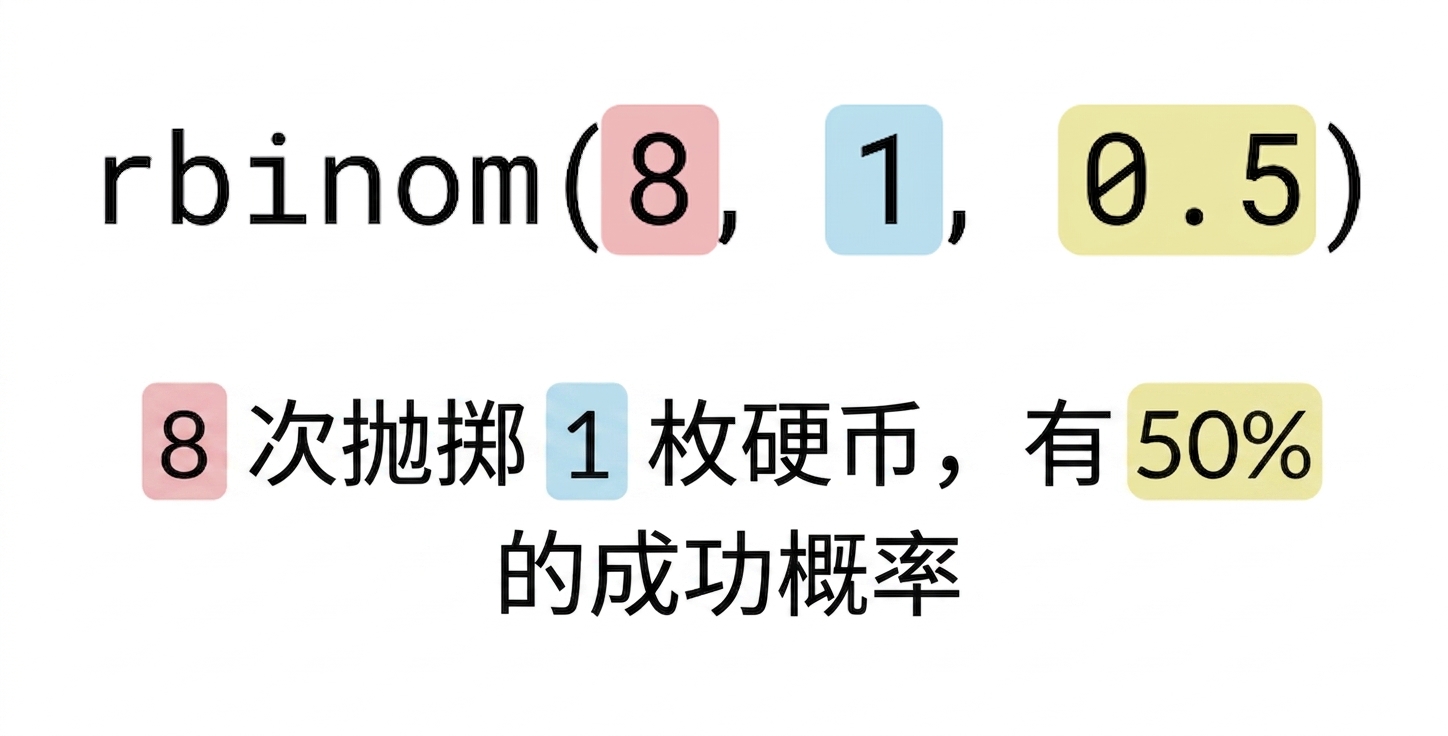 rbinom(8, 1, 0.5)，8 为红色，1 为蓝色，0.5 为黄色。文字：8（红）次翻 1（蓝）枚硬币，成功概率 50%（黄）