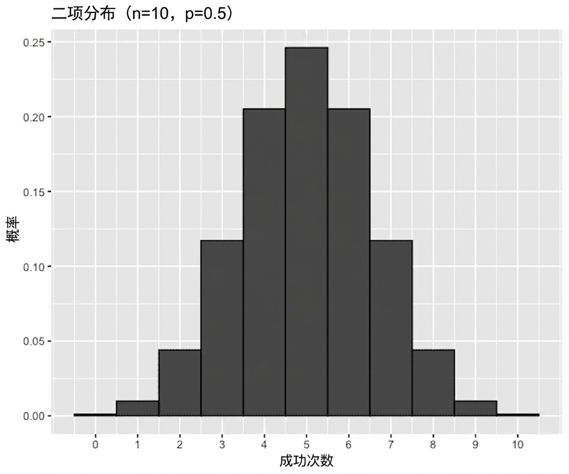 n=10、p=0.5 的二项分布图