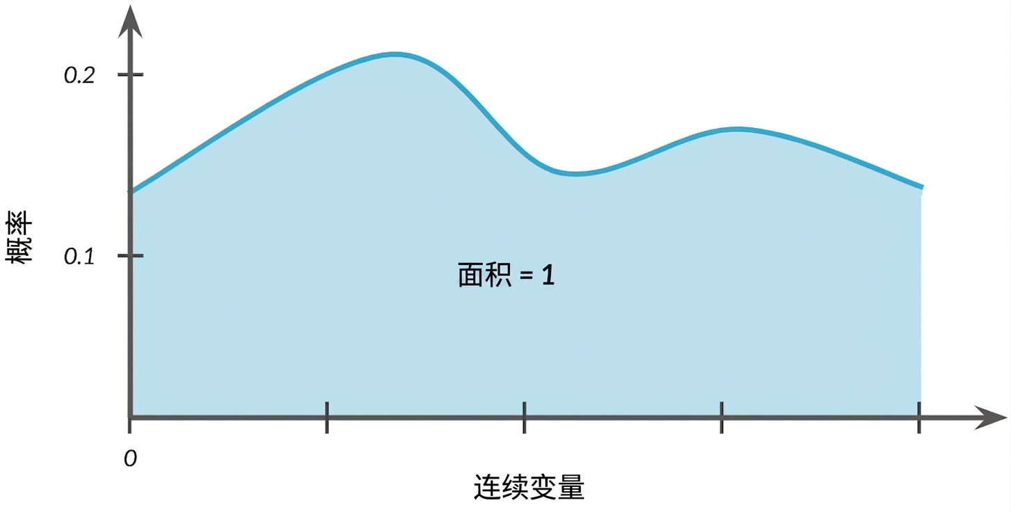 曲线下高亮区域,文字:area = 1