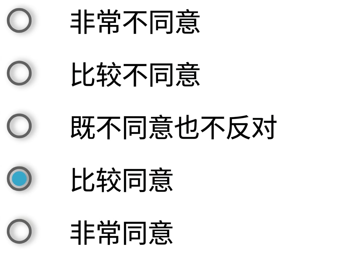 强烈反对/比较反对/既不赞成也不反对/比较赞成/强烈赞成
