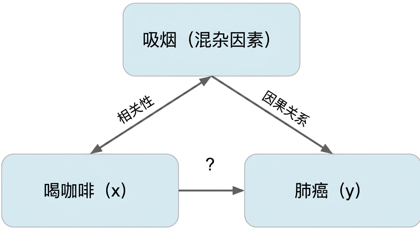 咖啡饮用（x）指向肺癌（y），吸烟（混杂）。吸烟与咖啡饮用为"双向箭头"标注"关联"。吸烟到肺癌为"单向箭头"标注"因果"。