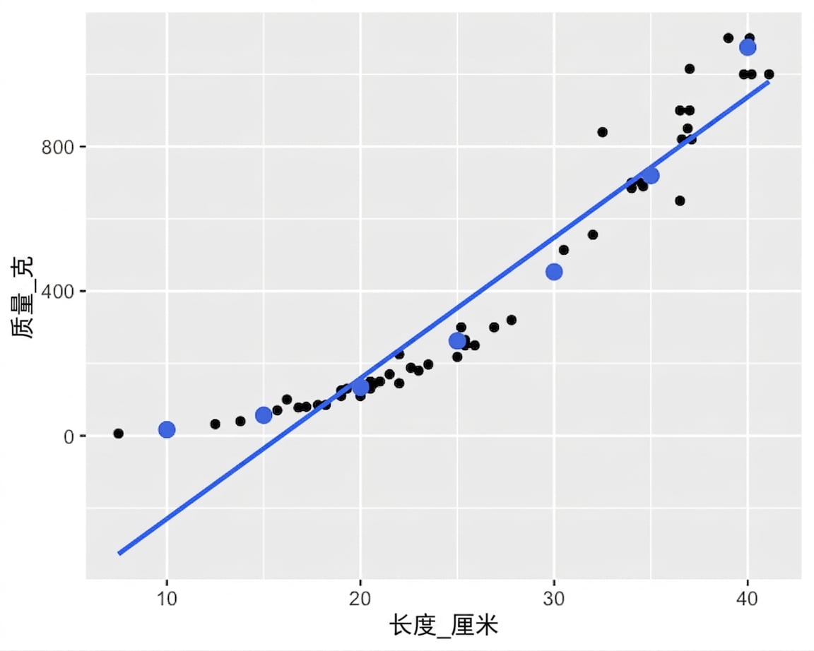 质量与长度的散点图和趋势线,并标注由 predict() 计算的点。这些点不沿趋势线,但沿着数据点的弯曲形状。