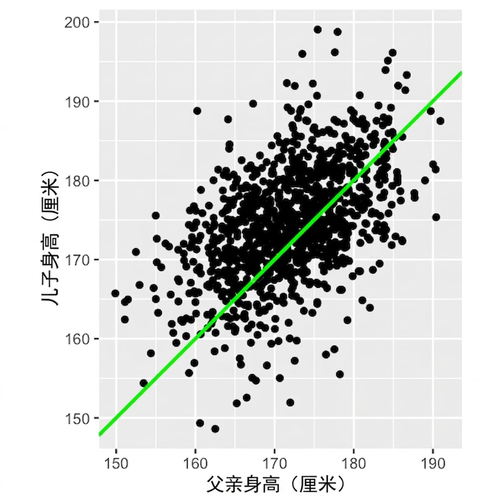 儿子身高与父亲身高的散点图，并有父子同高的对角线。父亲越高，儿子通常越高。