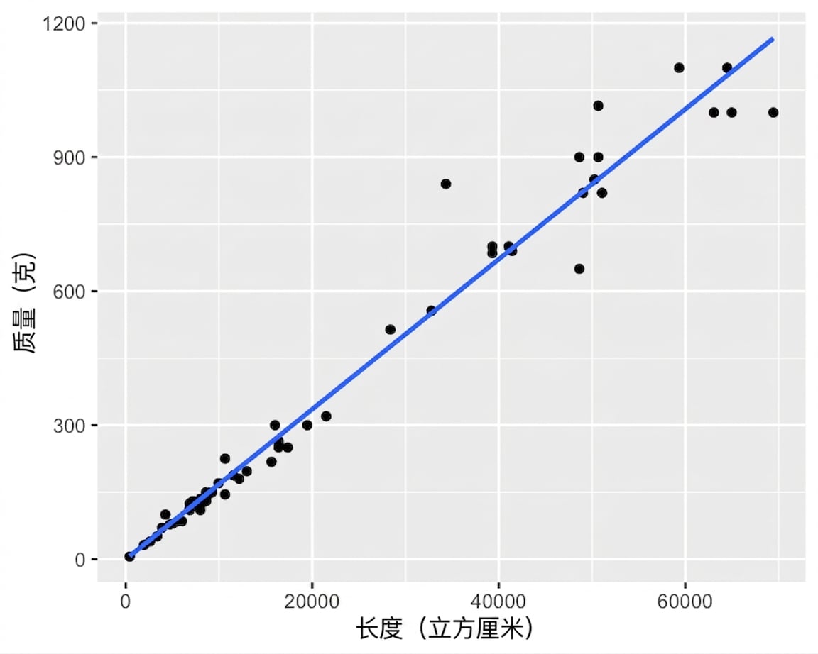 鲈鱼质量与长度的立方的散点图及趋势线。变换后,大多数点靠近趋势线。