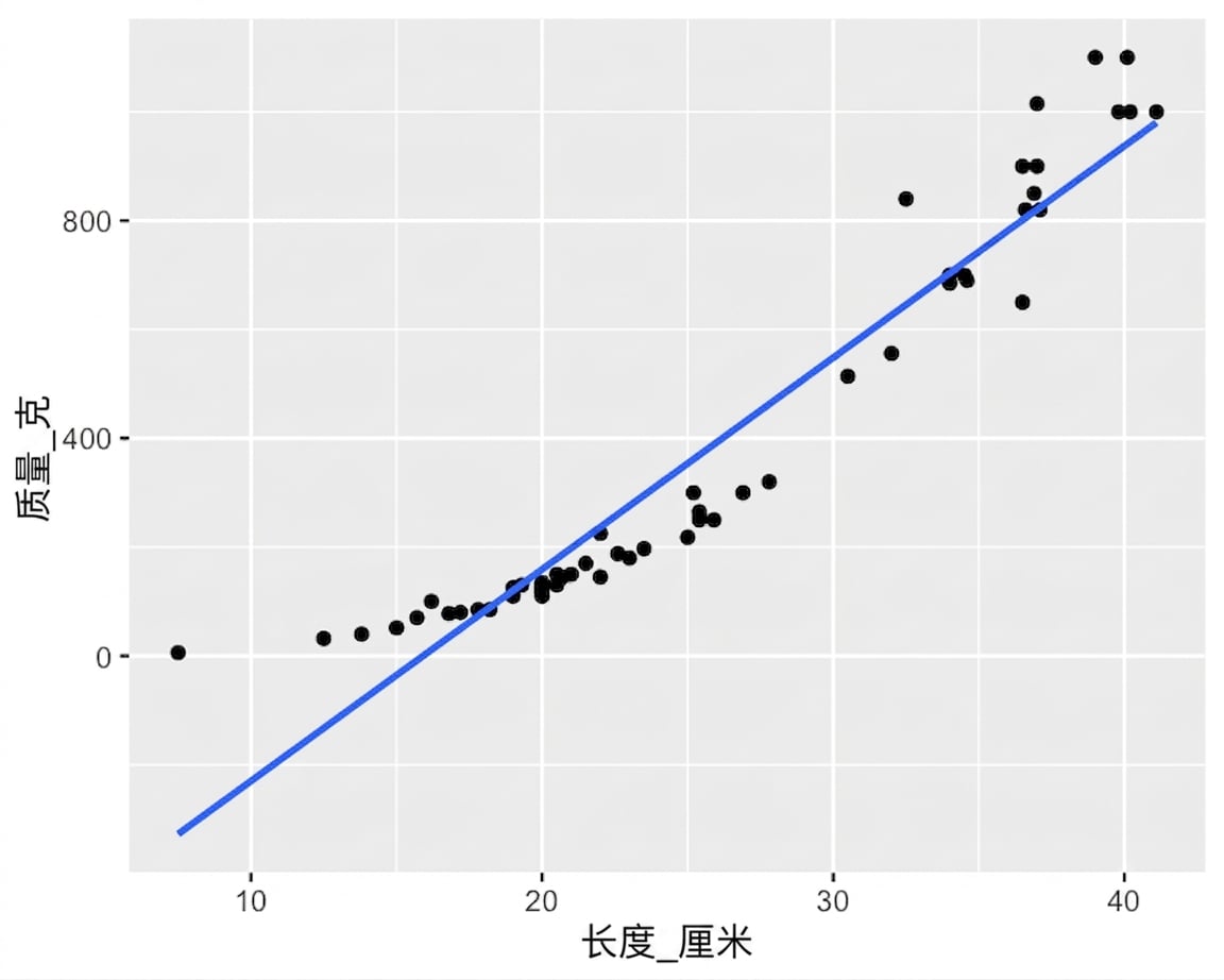 鲈鱼质量与长度的散点图及趋势线。鲈鱼变长时,质量增长快于线性,形成向上的弧线。