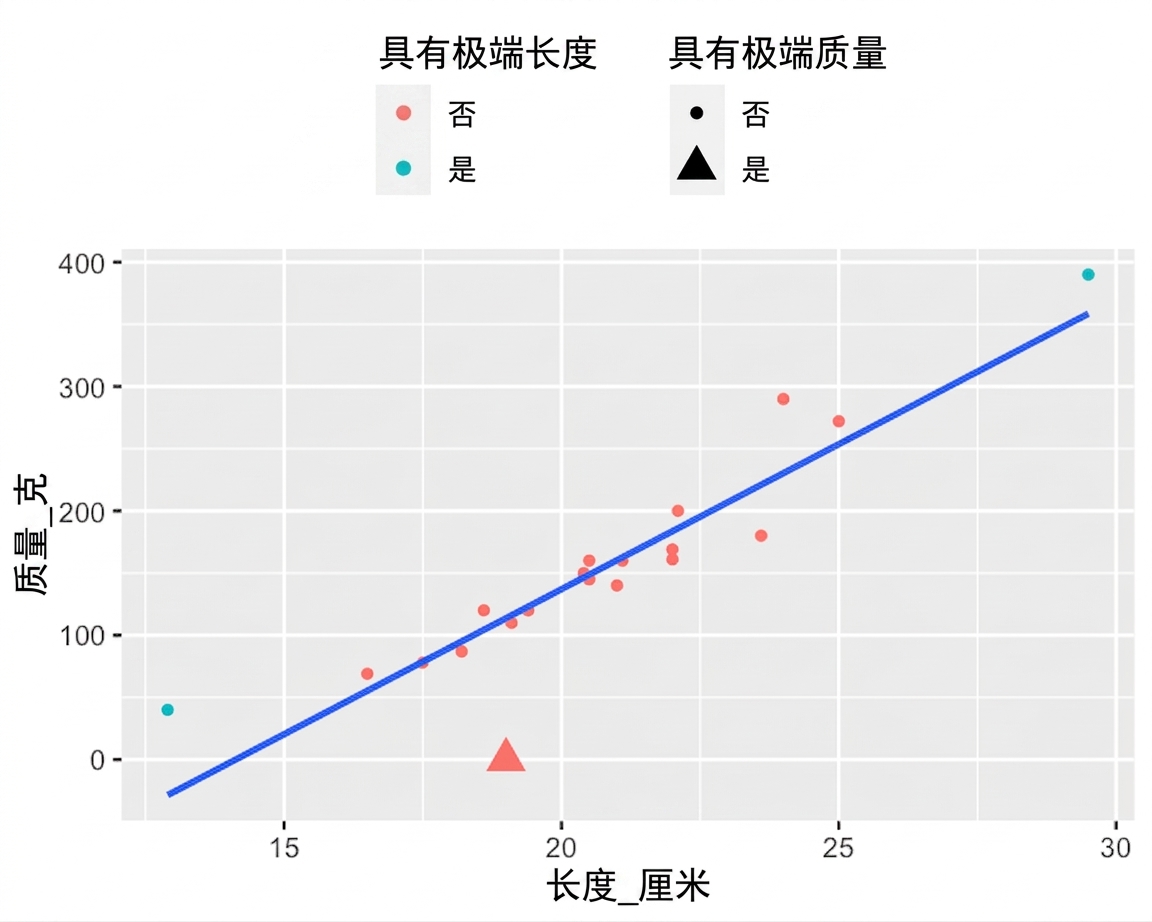 鲫鱼质量与长度的散点图,并带趋势线。多数点为红色,但一条很短和一条很长的鲫鱼为青色。多数点为圆形,但一条质量为零的鱼为三角形。