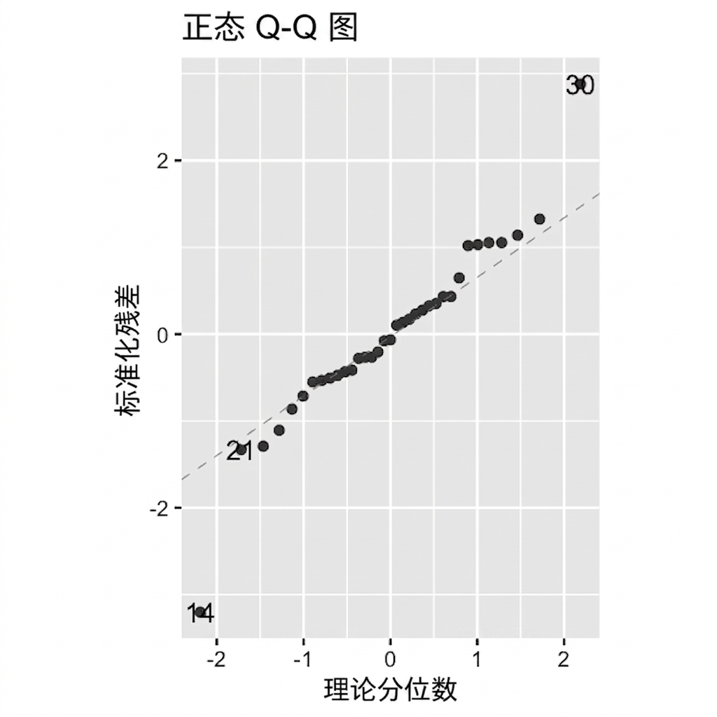 鲷鱼模型标准化残差与理论分位数的 Q-Q 图。除两个离群点外,点几乎贴合对角线。