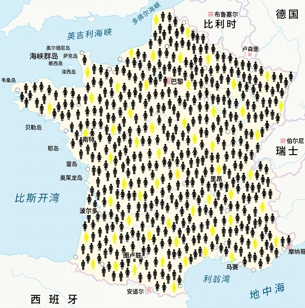 带有人物图标且部分高亮的法国地图。