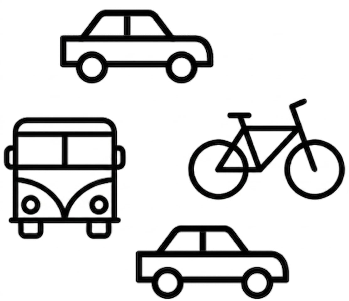 2辆车、1辆公交、1辆自行车
