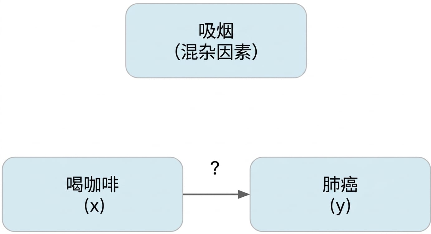咖啡饮用(x)指向肺癌(y),上方有吸烟(混杂)