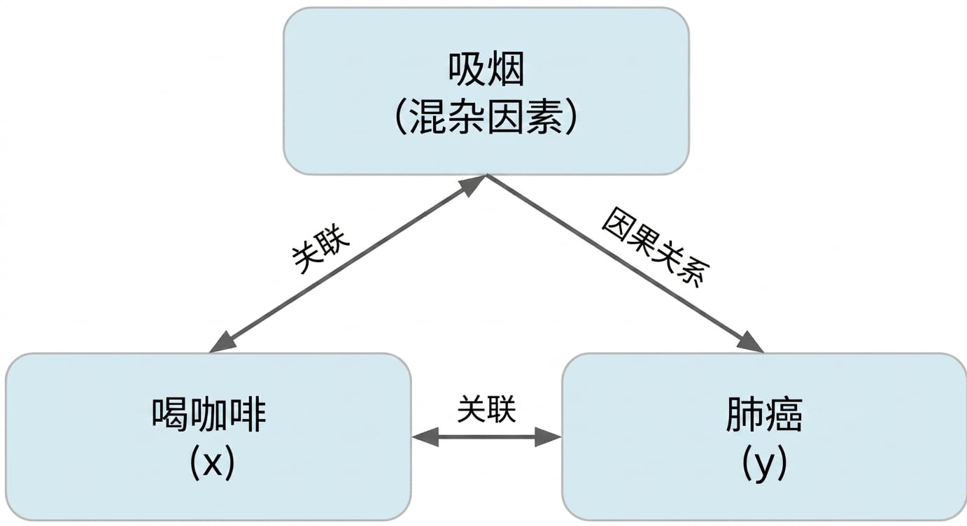 咖啡饮用(x)与肺癌(y)间"双向箭头"标"相关"。吸烟与咖啡饮用"双向箭头"标"相关"。吸烟到肺癌单向箭头标"因果"。