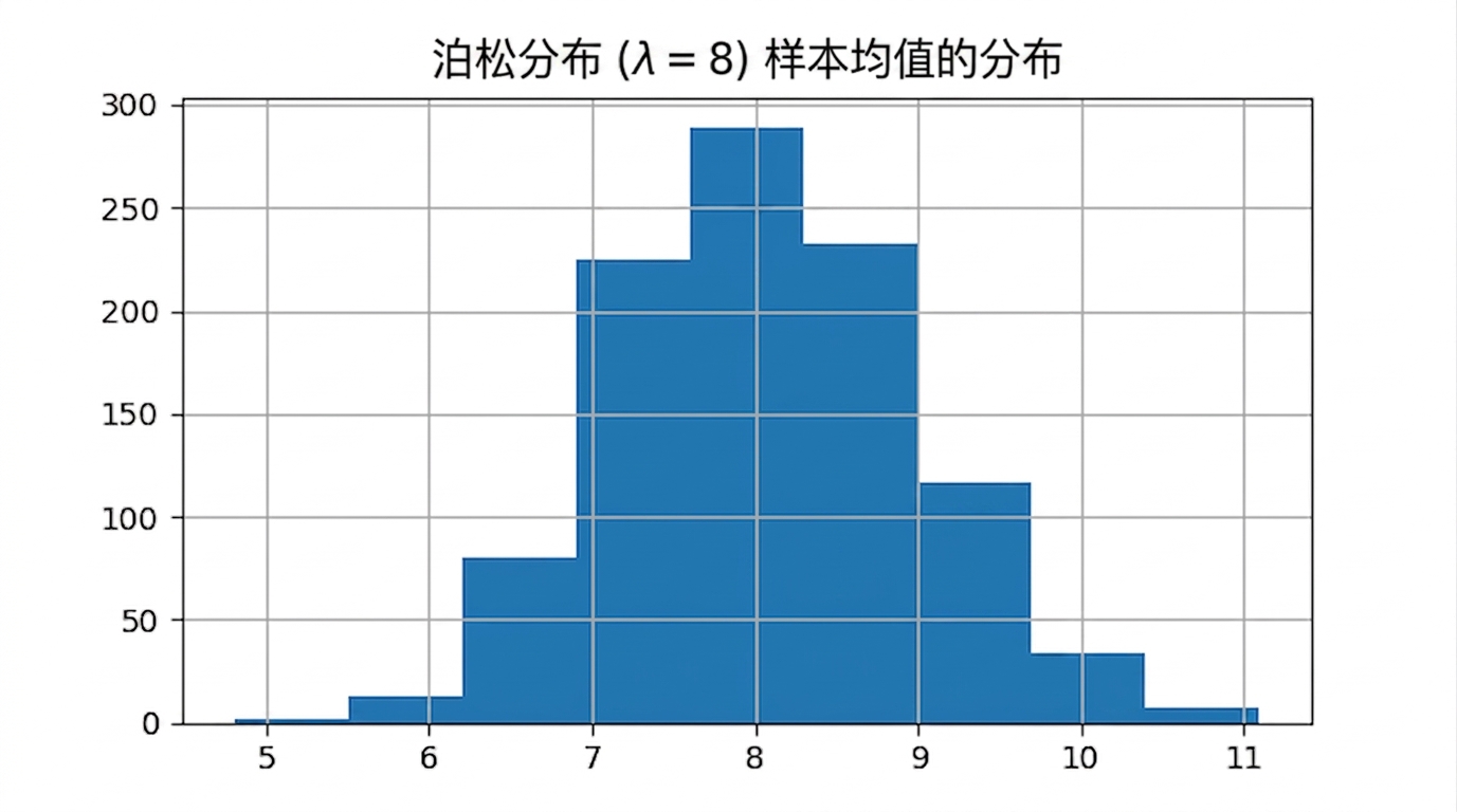 泊松分布（λ=8）样本均值的分布。近似正态分布