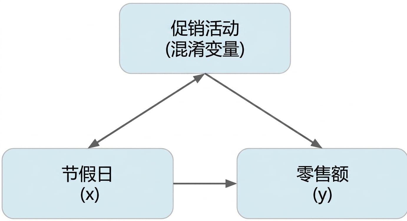 假日(x)指向零售额(y)。特价(混杂)与假日"双向箭头",并指向零售额。