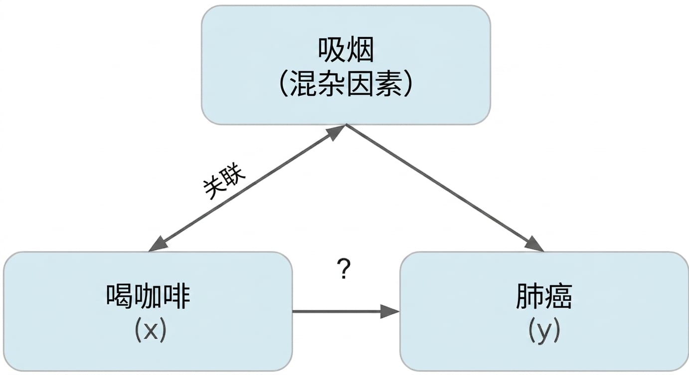 咖啡饮用(x)指向肺癌(y),含吸烟(混杂)。吸烟与咖啡饮用间有"双向箭头",标注"相关"。