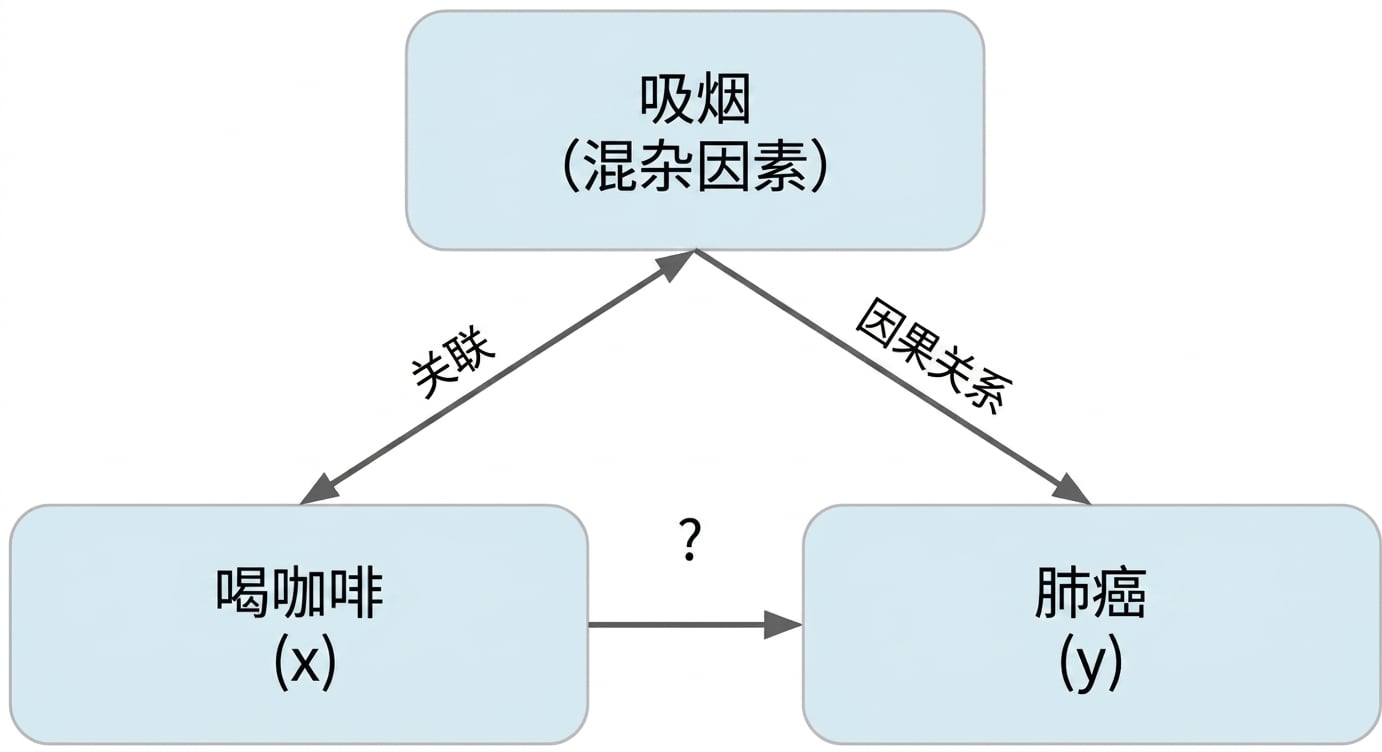 咖啡饮用(x)指向肺癌(y),含吸烟(混杂)。吸烟与咖啡饮用间"双向箭头"标"相关"。吸烟到肺癌有单向箭头标"因果"。