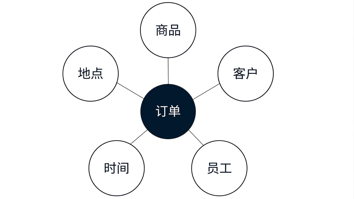 Diagram of a star schema with an Orders fact surrounded by Location, Item, Customer, Employee, and Time dimensions