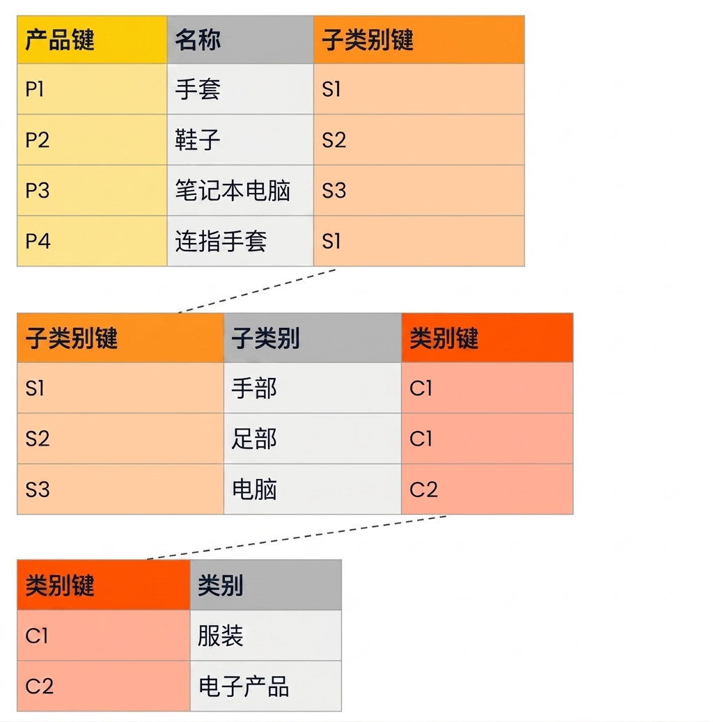 雪花型架构中的产品层级示例表