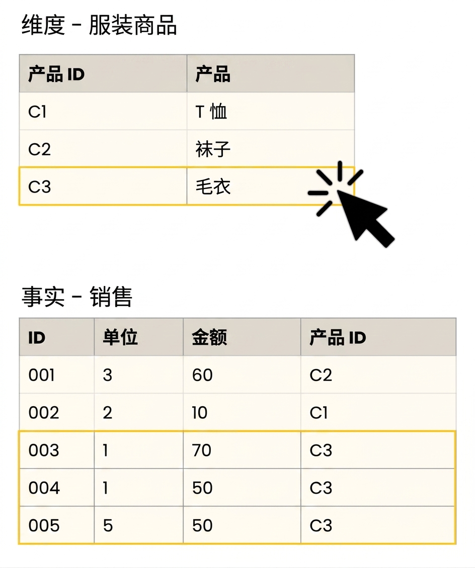 事实表与服装项维度表的详细视图。