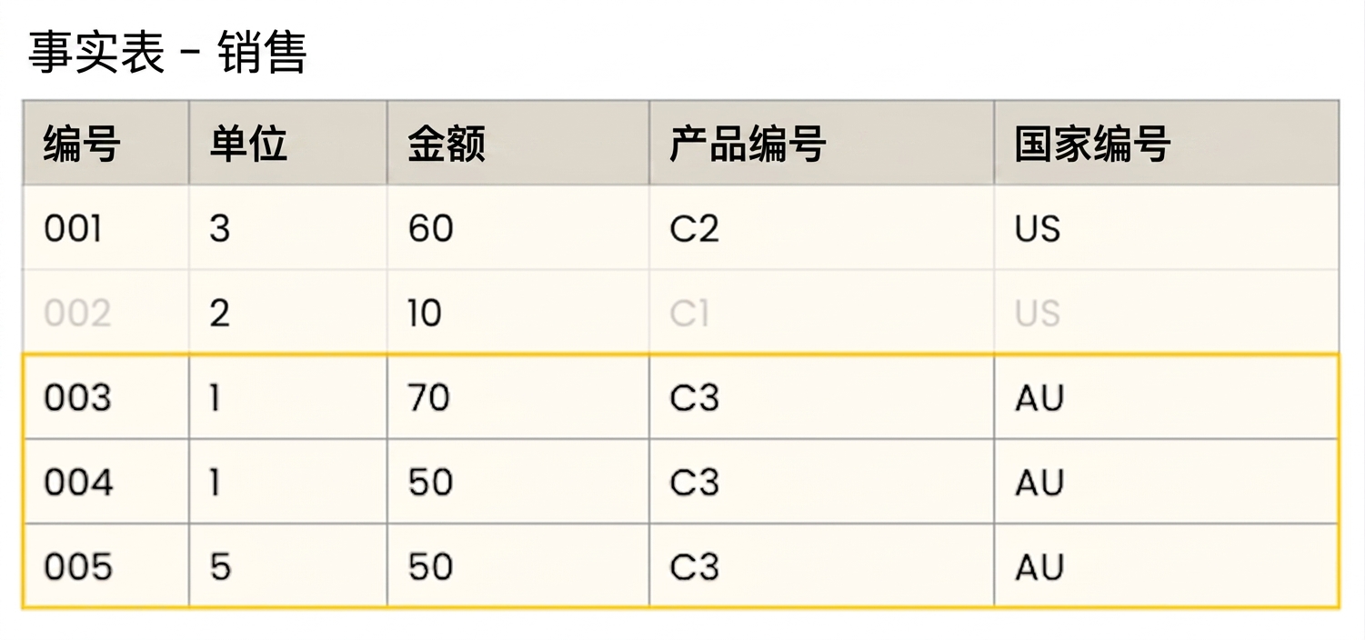 事实销售的明细表视图。