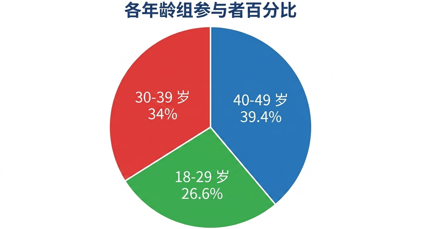 一个饼图,显示三类年龄组("18-29""30-39""40-49")的参与者占比。"40-49"占比最高,为39.4%。