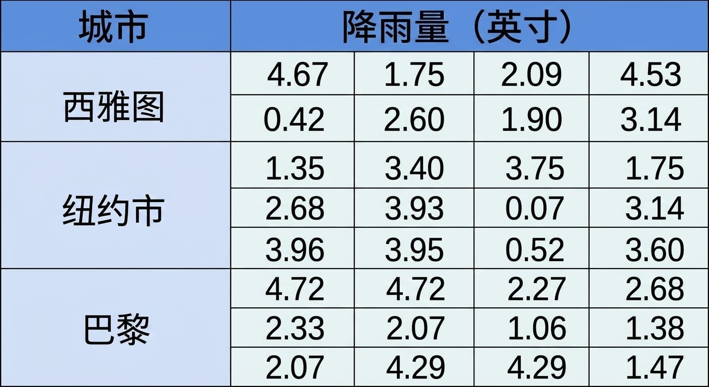 一个九行四列的矩阵,按城市分成三组:西雅图、纽约和巴黎。30 个表示降雨英寸数的单元格中,只有西雅图组有 4 个随机为空白。