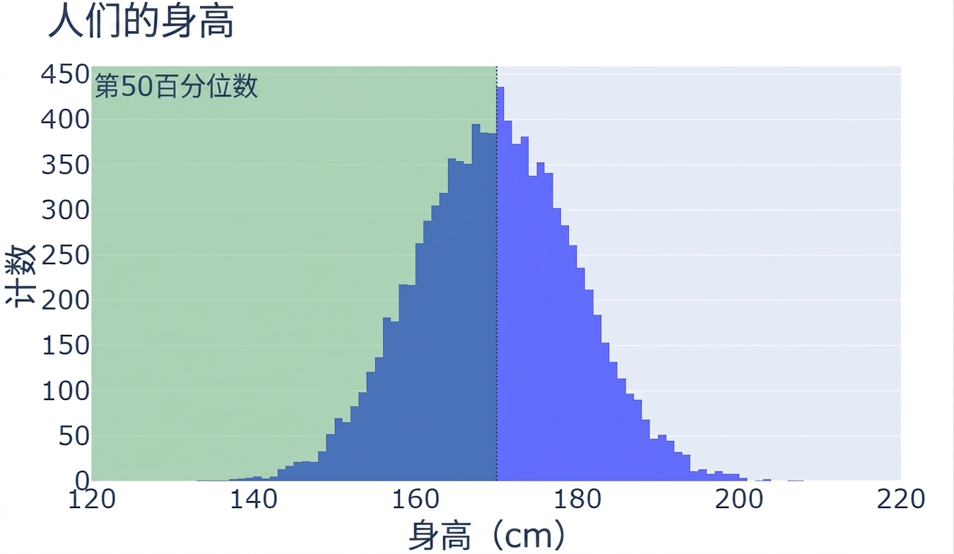 一个身高直方图,x 轴为身高,y 轴为对应人数。中位数到左侧的区域以绿色高亮,表示第 50 百分位。