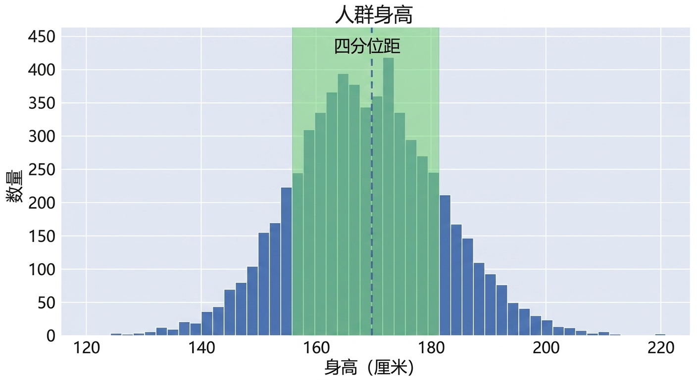 一个身高直方图,x 轴为身高,y 轴为对应人数。第 25 到第 75 百分位间的绿色区域表示四分位距。
