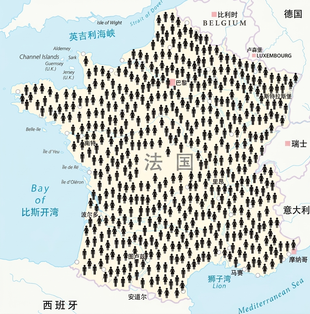 带有人物图标的法国地图。