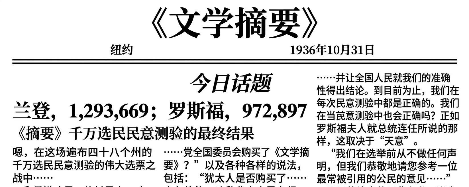 1936 年《The Literary Digest》头版,标题为选举预测。预计兰登获 130 万票,罗斯福略低于 100 万票。