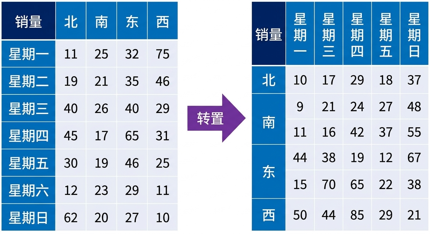 一张表：第一列为星期名称，其他列为华北、华南、华东、华西的销量。转置后，第一列为华北、华南、华东、华西，其他列为各星期的销量。