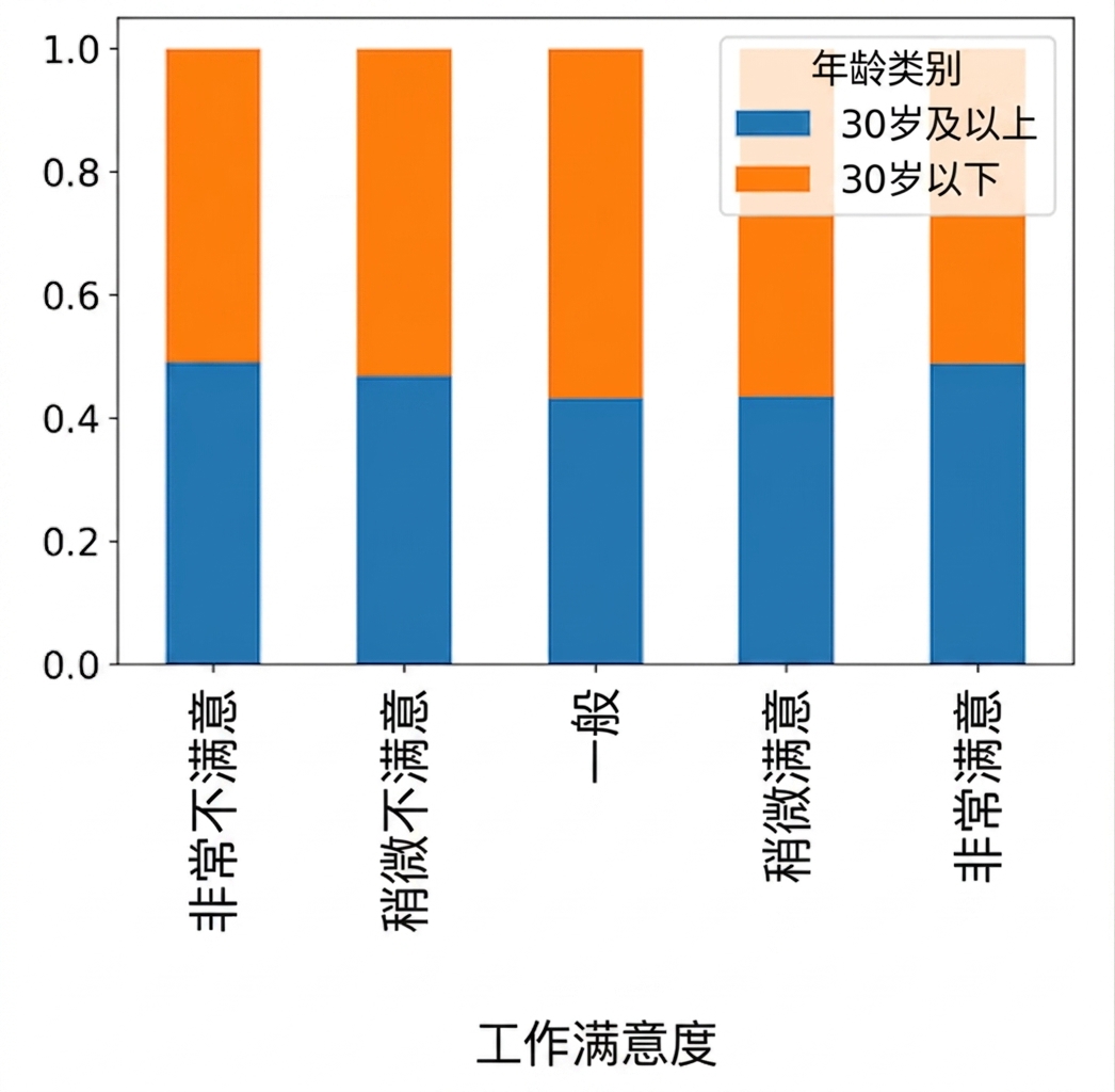 按年龄分组填充的工作满意度比例堆叠条形图