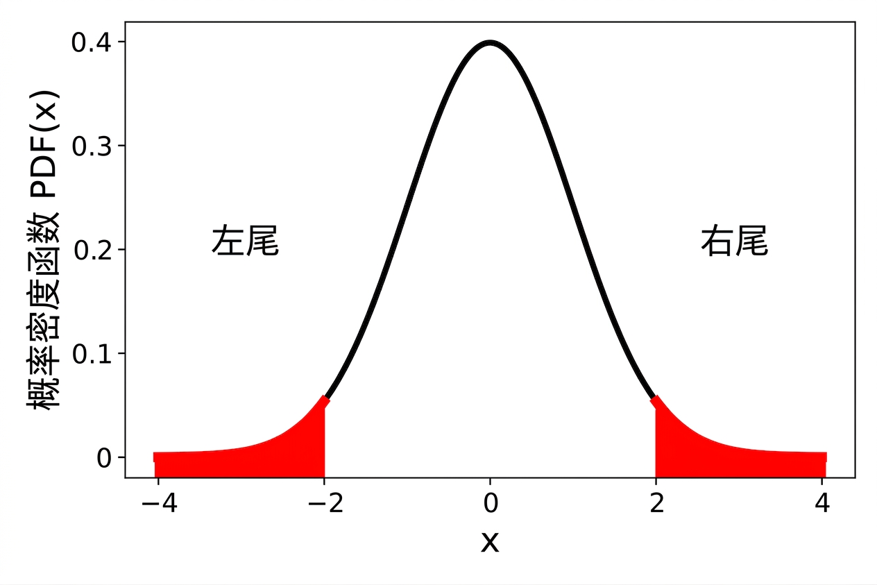 标准正态分布密度图,左右尾部以红色高亮。